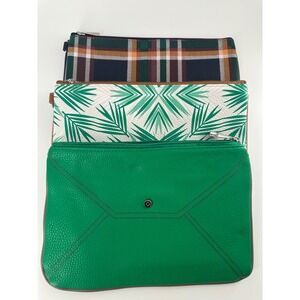 Jewell Pouch Set 3 Green Pebbled Plaid Tropical Palm Leaf Zippered Clutches Bag
